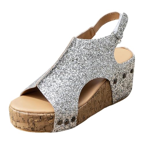 RKK Wedge Sandals for Women Platform Sandals with Ankle Strap Open Toe Espadrilles Wedge Heels Sandals Dressy Casual Boho Summer Beach Sandals Ladies Wedges Shoes(Silver,42) von RKK