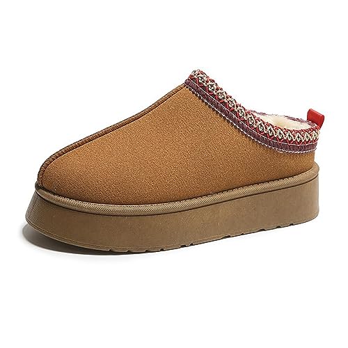 RKK Winter Warm Snow Boots for Women Platform Fuzzy Slippers Mini Boots Short Ankle Plush Slides Women Faux Suede Cotton Boots(Brown,43) von RKK