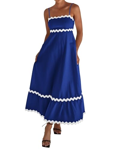 Women's Holiday Long Dress Summer Spaghetti Straps Sleeveless Wave Striped Backless Sundress Party Evening Dresses Flowy Smocked Swing A Line Midi Dress(Dark Blue,L) von RKK