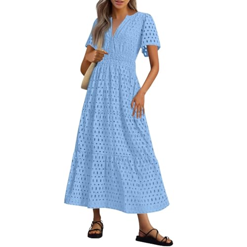 Women's Summer Maxi Dress Short Sleeve Casual V Neck Hollow Out Eyelet A Line Long Flowy Beach Vacation Party Dresses(Light Blue,S) von RKK
