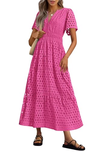 Women's Summer Maxi Dress Short Sleeve Casual V Neck Hollow Out Eyelet A Line Long Flowy Beach Vacation Party Dresses(Rose,XXL) von RKK