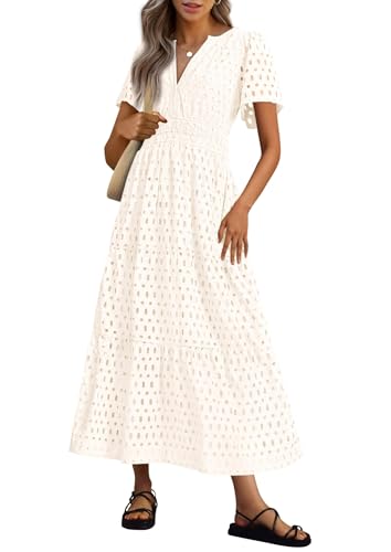 Women's Summer Maxi Dress Short Sleeve Casual V Neck Hollow Out Eyelet A Line Long Flowy Beach Vacation Party Dresses(White,M) von RKK
