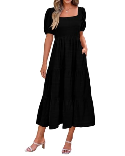 Women's Summer Maxi Dress Short Sleeve Square Neck Ruffle Tiered Flowy Casual Boho Long Dresses with Pockets(Black,L) von RKK
