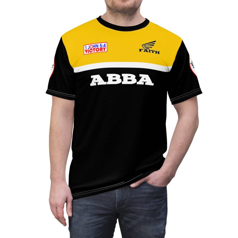 Christian Racing Jersey | T-Shirt Mit Spruch "Abba, Cross, Faith, Victory" 1 Johannes 5, 4 von RKTopic