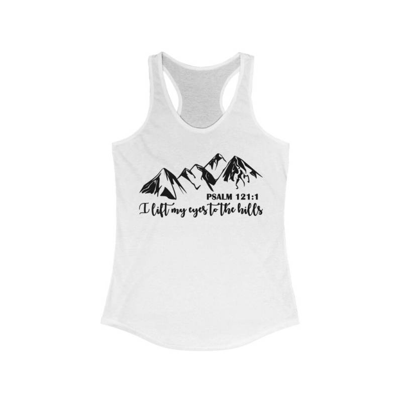 Ich Hebe Meine Augen Christian Ideal Racerback Tank Mit Spruch in Schwarzem Schriftzug Berg Design Und Bibel Vers Psalm 1211 von RKTopic