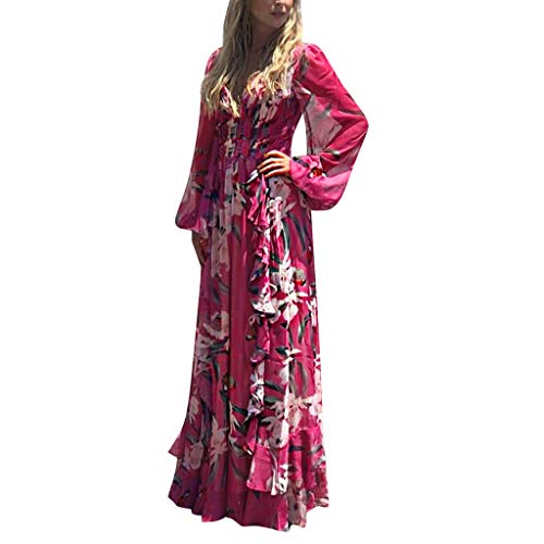 Damen Boho-Kleid Sommer Casual Langarm Tiefer V-Ausschnitt Wickelkleid Trendy Floral Flowy Swing Maxi Lange Kleider, hot pink, X-Large von RKaixuni