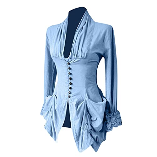 Damen Cosplay Renaissance Viktorianische Bluse Dressy Vintage Mittelalter Piratenhemd Bauernoberteile Halloween Kostüme, blau, Large von RKaixuni