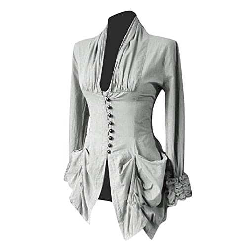 Damen Cosplay Renaissance Viktorianische Bluse Dressy Vintage Mittelalter Piratenhemd Bauernoberteile Halloween Kostüme, grau, XL von RKaixuni