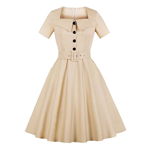 Damen Vintage Squarekragen Elegant Ausgestelltes Kleid Kurzarm Button Down Kleid 1950er Jahre Ballkleid, beige, Small von RKaixuni