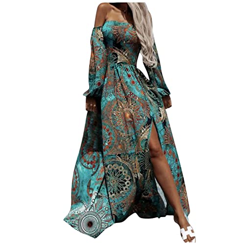 Damen Vintage Tube Bandeau Gypsy Kleid Boho Langarm Ausgestellt A-Linie Swing Casual Cocktail Party Wrap Maxi Kleider, blau, Medium von RKaixuni