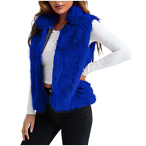 Damen Weste Wintermäntel Mode Kunstfell Shaggy Jacken Ärmellos Cropped Cardigans Slim Oberbekleidung Mädchen Petite, blau, 38 von RKaixuni