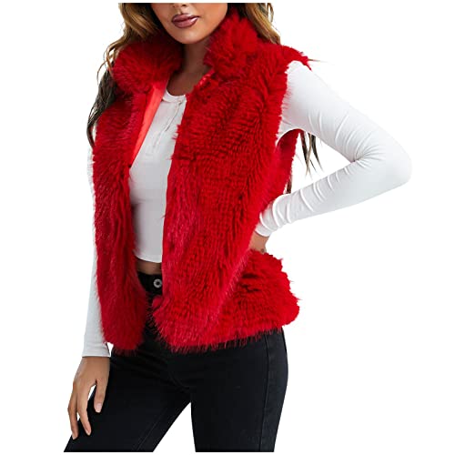 Damen Weste Wintermäntel Mode Kunstfell Shaggy Jacken Ärmellos Cropped Cardigans Slim Oberbekleidung Mädchen Petite, rot, 48 von RKaixuni
