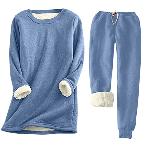 Fleece-Sweatanzug für Damen, 2-teiliges Outfit, Rundhalsausschnitt, Sweatshirts, Pullover, Sherpa-gefüttert, lange Hosen-Sets, Loungewear, blau, 50 von RKaixuni