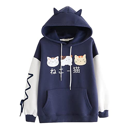 Frauen Katze Hoodie Japanische Kawaii Hoodies Sweatshirts für Teenager Mädchen Langarm Pullover Winter Herbst Tops Shirts, blau, X-Large von RKaixuni