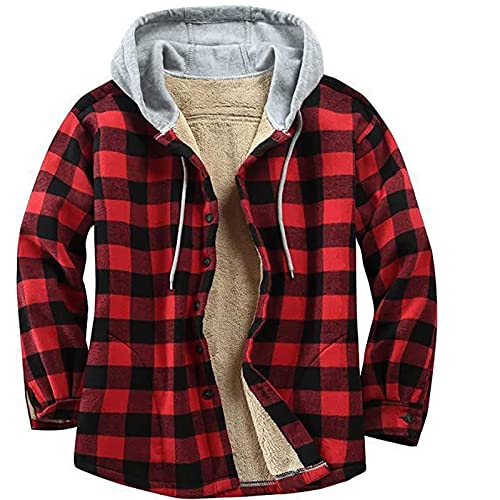 Karierte Jacke Sherpa Fleece gefütterte Shacke Jacke Herren Flanell Hoodie Langarm Shirts Übergröße Shackets Jacke, rot, M von RKaixuni