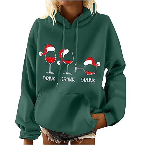 Kawaii Weihnachten Damen Hoodie Oversize Kordelzug Langarm mit Taschen Kapuzenpullover Christmas Drunk Wine Glass Druck Pullover Billig Sweatshirt Damen mit Kapuze Weihnachten Geschenke von RKaixuni