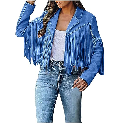 RKaixuni 2024 Damenjacke mit Fransen, Wildleder, Kunstleder, Vintage-Westernjacke, trendiger Mantel, 90er-Jahre, Hippie-Kleidung, Rave-Outfit, blau, L von RKaixuni