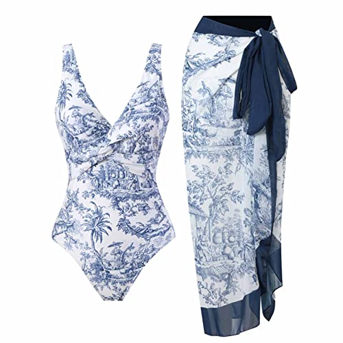 RKaixuni 2024 Einteiliger Damen-Badeanzug mit Überzug, schlankmachend, Bauchkontrolle, Badeanzug mit Sarong-Rock, Badeanzug, A3#Blau, L von RKaixuni