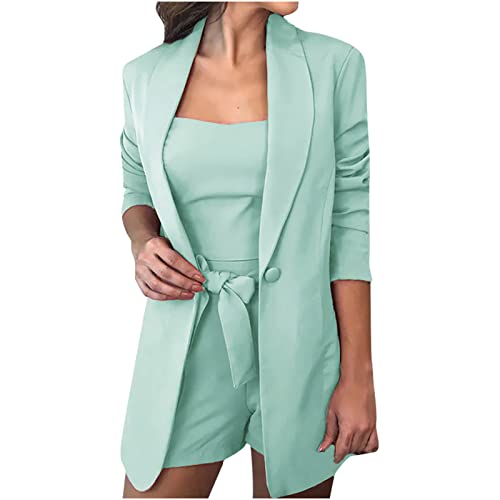 RKaixuni 3.Set Blazer Damen Elegant Sakko Sportbekleidung Mantel Locker Lang Einfarbig Revers Frauen Jacke Cardigan Damenblazer Büro Longblazer mit Tasche Sling Westen Kurz Hosen Set von RKaixuni