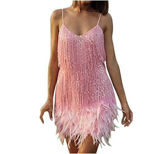 RKaixuni Damen 1920er Jahre Pailletten Fransen Feder Abschlussball Kleider Spaghetti Träger Formal Cocktail Quaste Flapper Kleider 20er Jahre Kostüm, rose, Medium von RKaixuni