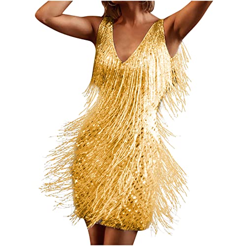 RKaixuni Damen Abschlussball Flapper Kleider 1920er Jahre Pailletten Fransen Quaste Kleid Ärmellos Formal Cocktail Gala Kleid 20er Jahre Kostüm, gold, L von RKaixuni