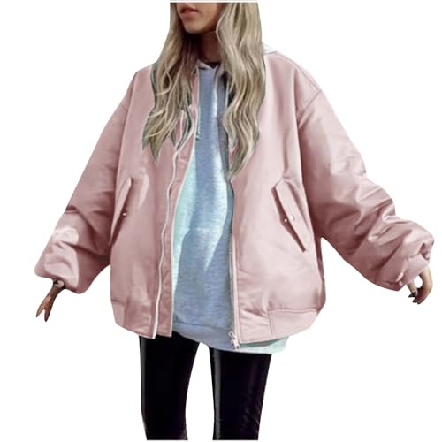 RKaixuni Damen Baggy Bomberjacken Gesteppt Leichte Puffer Baseball Jacke Winter Warm Baumwolle Mantel Mode Oberbekleidung, rose, 46 von RKaixuni