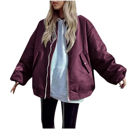 RKaixuni Damen Baggy Bomberjacken Gesteppt Leichte Puffer Baseball Jacke Winter Warm Baumwolle Mantel Mode Oberbekleidung, violett, 32 von RKaixuni