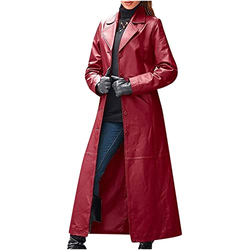 RKaixuni Damen Cyberpunk Lederjacke Lang Trenchcoat Wintermantel Warm Schwarz Winterjacke Elegant Blazer Jacke mit Button Langarm Steppjacke Mantel Quilted Lightweight Jacket von RKaixuni