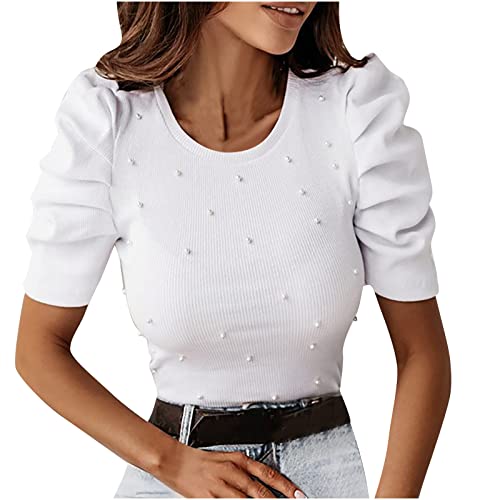 RKaixuni Damen Elegant Puffärmel Perlen Rundhals Bluse Top Slim Fit Strick Gerippte Kurzarm Shirts, weiß, XXL von RKaixuni