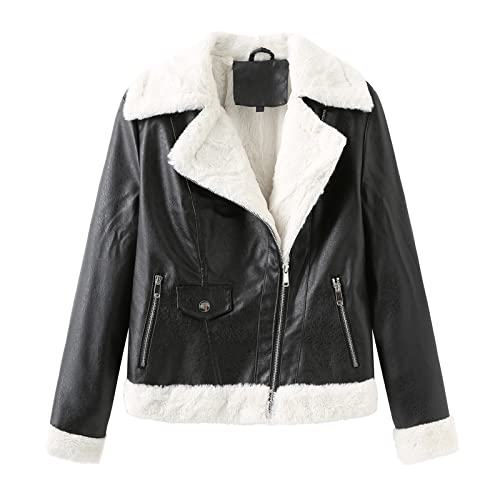 RKaixuni Damen Faux Shearling Moto Bomberjacke Sherpa-Futter Mantel Winter Flieger Kunstleder Mantel Oberbekleidung Overcoat, A3#Schwarz, 38 von RKaixuni