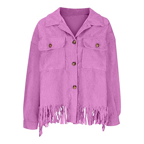 RKaixuni Damen Fransen Cordjacken Vintage 1920er Jahre Westernjacke Quaste Mantel Langarm Shirt Shacket Oversized Bluse, hot pink, 42 von RKaixuni