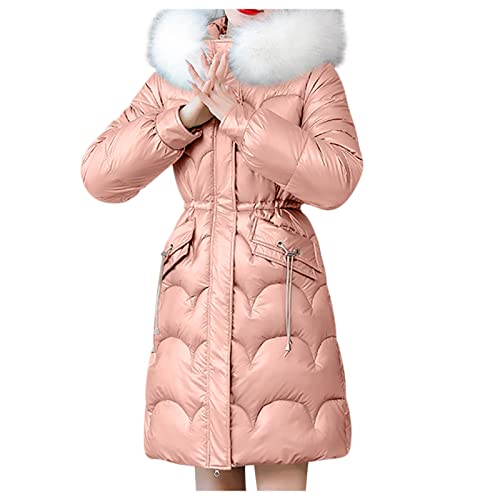 RKaixuni Damen Glänzender Winter Warm Daunenmantel Lange Puffer Jacken Gesteppt Leicht Outdoor Kunstfell Anoraks Parka Oberbekleidung, rose, 50 von RKaixuni