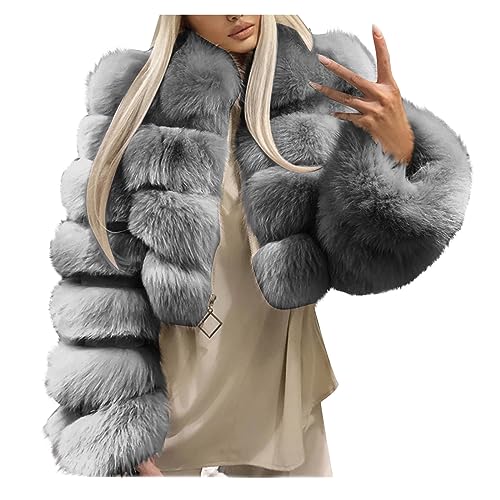 RKaixuni Damen Luxus Winter Warm Kunstpelz Mantel Flauschige Kurze Jacke Parka Outwear Kapuze Cropped Jacken Mode Kleidung, grau, 42 von RKaixuni