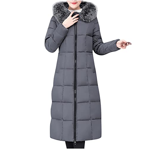 RKaixuni Damen Mädchen Winter Warm Daunenmäntel Maxi Lange Steppjacke Leichte Puffer Jacken Slim Fit Kunstfell Kapuze Anorak Parka, grau, XXL von RKaixuni