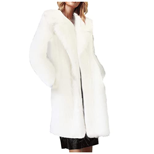 RKaixuni Damen Mode Flauschiger Kunstfellmantel Winterjacken Lange Trenchcoats Kerbe Revers Strickjacken Elegant Trendy Oberbekleidung, weiß, 48 von RKaixuni