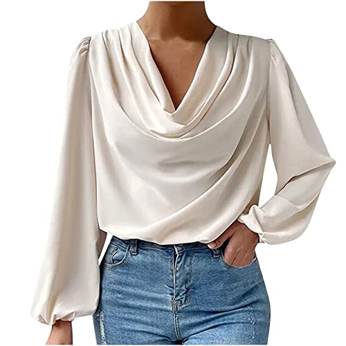 RKaixuni Damen Satin Seide Drapiert Wasserfallkragen Rüschen Langarm Crop Tops Elegant Casual Bluse Shirt Frühling Mode 2023, beige, Large von RKaixuni