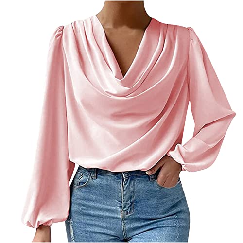 RKaixuni Damen Satin Seide Drapiert Wasserfallkragen Rüschen Langarm Crop Tops Elegant Casual Bluse Shirt Frühling Mode 2023, rose, M von RKaixuni