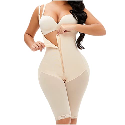 RKaixuni Damen Shapewear Bauchkontrolle Reißverschluss Korsett Offene Brust Body Shaper Body Unterbrust Po Lift Shorts Knielang, beige, L von RKaixuni