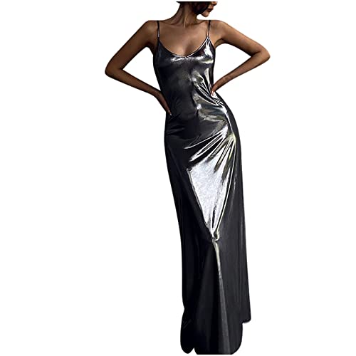 RKaixuni Damen Spaghetti Strap Loose Fit Maxi Langes Kleid Sexy Ärmellos Metallic Schimmer Cocktail Abend Party Kleider, silber, L von RKaixuni