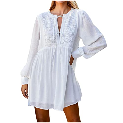 RKaixuni Damen Tencel Slubbed Weiß Boho Kleider Tiefer V Ausschnitt Krawatte vorne Langarm Häkeln Minikleid Strand Casual Sommerkleid, weiß, Small von RKaixuni