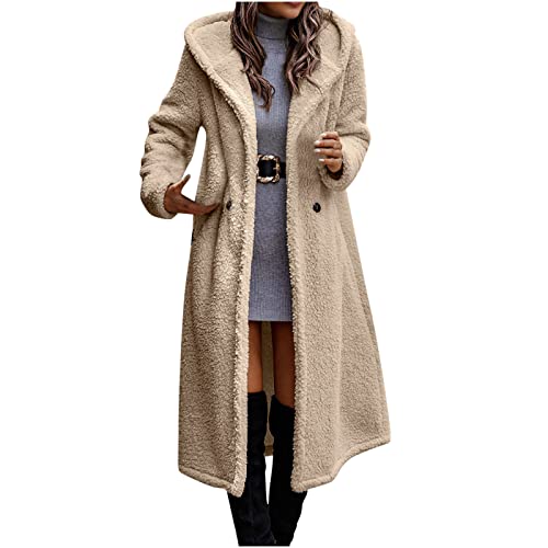 RKaixuni Damen Trenchcoats Lange Sherpa Fleece Jacken Winter Warm Mantel Kapuze Zweireihiger Peacoat Elegante Oberbekleidung, beige, 38 von RKaixuni