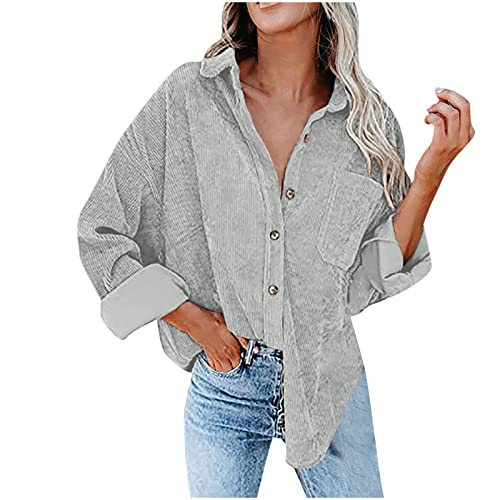 RKaixuni Damen Western Cord Shacket Jacke Casual Button Down Shirt Lose Leichte Tops Winter Herbst Elegante Bluse, grau, XXX-Large von RKaixuni