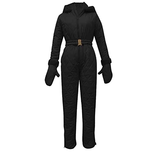 RKaixuni Damen Winter Onesie Ski-Jumpsuits Übergröße Outdoor Sport Wasserdicht Schneeanzug Kunstfell Kapuze Anoraks Mantel Jumpsuit, Schwarz , 42 von RKaixuni