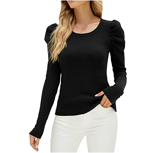 RKaixuni Damen Winter Puffärmel Pullover Pullover Langarm Strickpullover Dressy Casual Herbst Tops Slim Fit Shirts, Schwarz , Large von RKaixuni