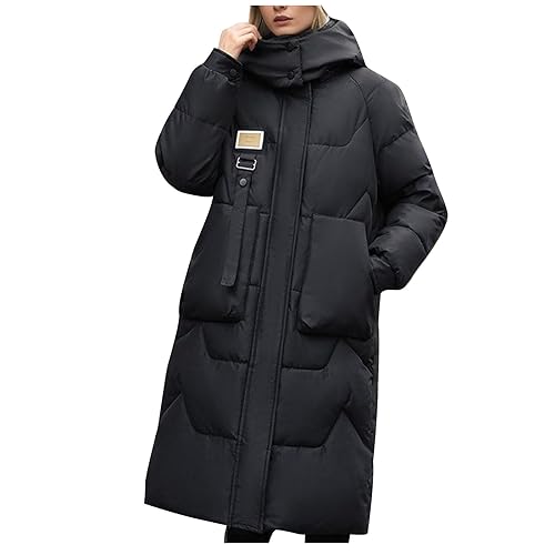 RKaixuni Damen Winter Puffer Jacken Warmer Daunenmantel Reißverschluss Maxi Lange Kapuze Verdicken Leichte Outdoor Parka Anorak Mantel, Schwarz , 38 von RKaixuni