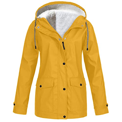 RKaixuni Damen Winter Regenjacken Fleece Sherpa gefütterte Mäntel Langarm Wasserdicht Windbreaker Jacken Kapuze Active Regenmantel, gelb, XXXXXL von RKaixuni