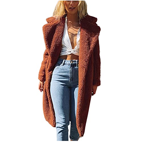 RKaixuni Damen Winter Warm Kunstfell Mäntel Lange Teddy Jacken Fuzzy Fleece Revers Open Front Cardigan Outwear Sherpa Jacken, braun, 50 von RKaixuni
