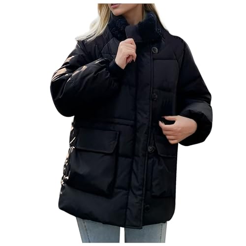 RKaixuni Damen Winter Warm Puffer Jacken Baggy Down Mantel Faux Shearling Revers Knopf Aktiv Outdoor Parka Anorak Oberbekleidung, Schwarz , 48 von RKaixuni