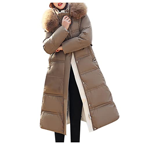 RKaixuni Damen Winter Warme Daunenmäntel Lange Gesteppte Leichte Puffer Jacken Parkas Kunstfell Kapuze Anoraks für Petite Frauen, coffee, 42 von RKaixuni