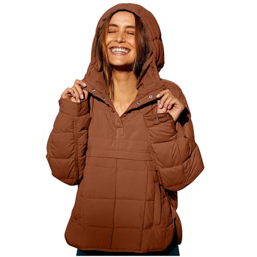 RKaixuni Damen Winter gesteppte leichte Jacken Trendy Casual Warm Quarter Button Down Pullover Mantel Anorak Parka Outwear, braun, 38 von RKaixuni